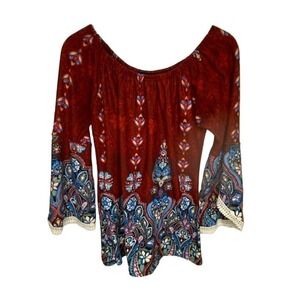 Win Win S/M Tunic Tops Long Sleeve w/ Lace Dark Russ print BOHO